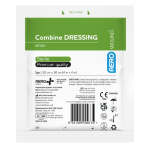 Fabric dressing sealed in green plastic