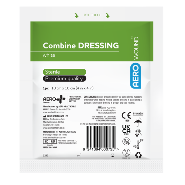 Fabric dressing sealed in green plastic
