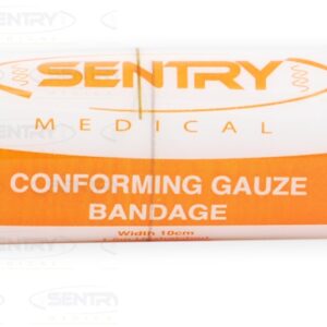 White bandage rolled up in orange plastic