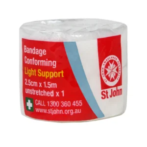 White bandage rolled up and wrapped in clear and red plastic packaging