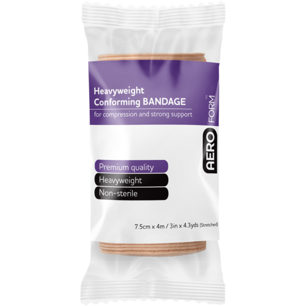 Brown bandage rolled up and sealed in clear and purple plastic