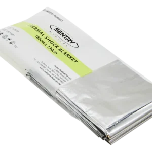 Metallic blanket folded into a rectangle and sealed in clear plastic