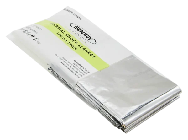 Metallic blanket folded into a rectangle and sealed in clear plastic