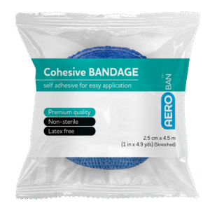 Rolled up blue Cohesive Bandage sealed in plastic