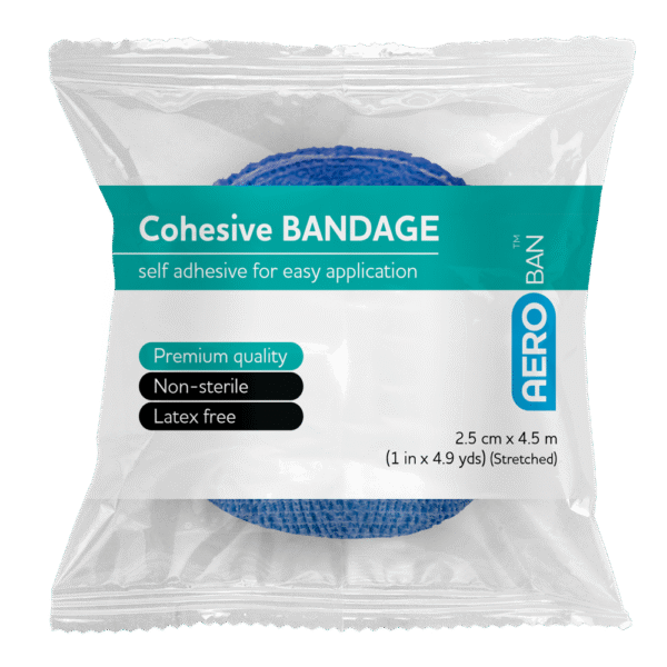 Rolled up blue Cohesive Bandage sealed in plastic
