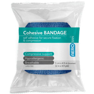 Rolled up blue Cohesive Bandage sealed in plastic