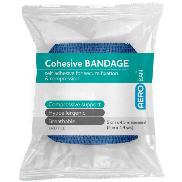 Rolled up blue Cohesive Bandage sealed in plastic